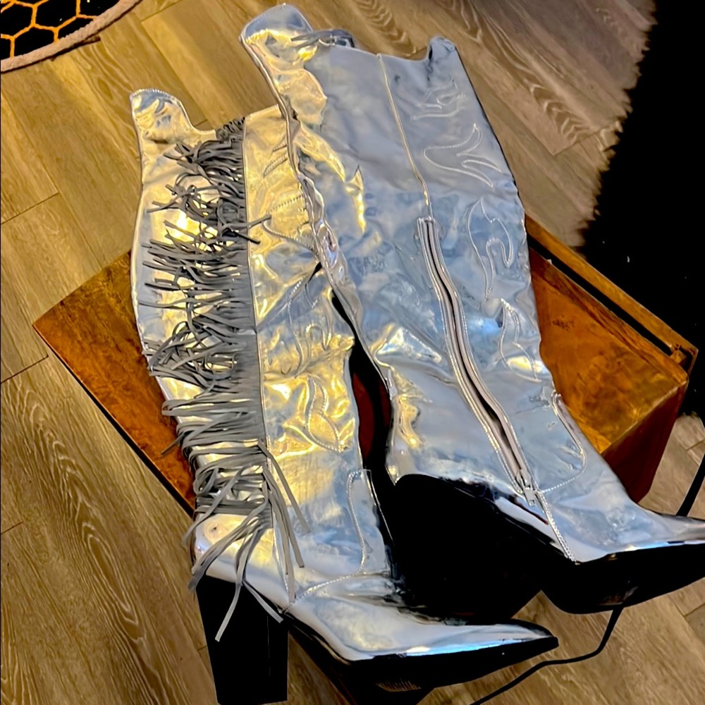 Silver above knee-High Fringe Boots